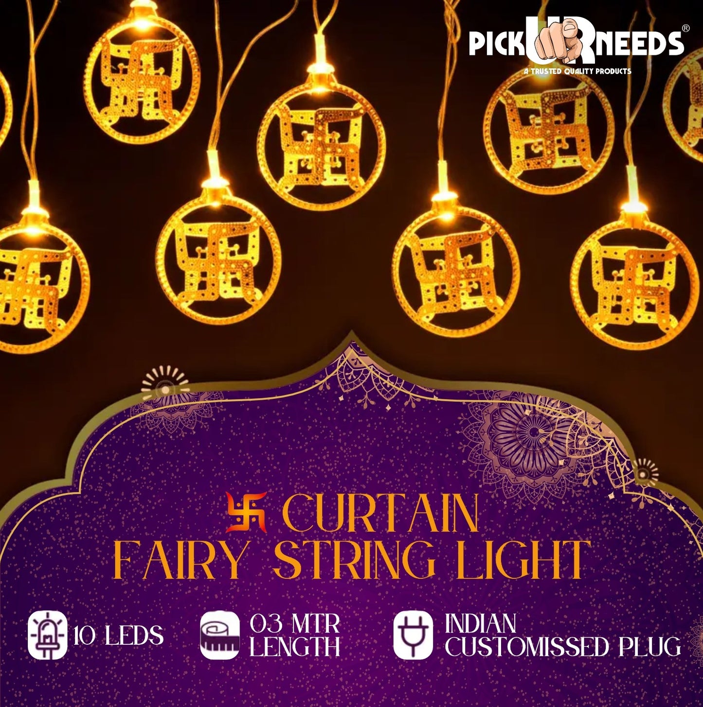 Pick Ur Needs Diwali String Lights Swastik Metal Hanging Lights, Warm White Round 3D Ceiling Lamp