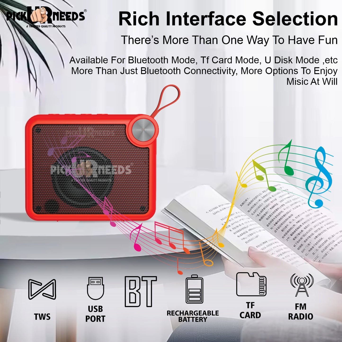 Pick Ur Needs Rechargeable Box Sound Wireless Speaker 5W – TWS, 4H Playback, TF/SD/USB/FM 5 W Bluetooth Speaker (Black, 5.0 Channel)