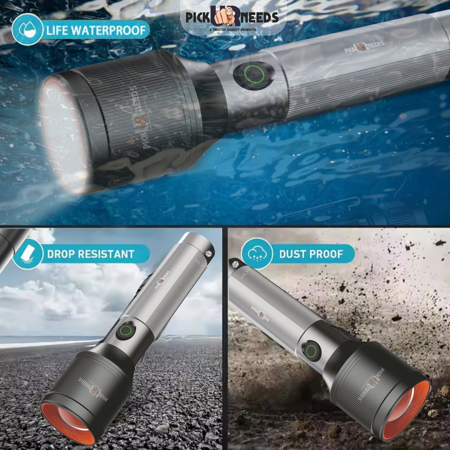 Pick Ur Needs 100W+100W LED Rechargeable Long Range Torch Light with 5 Lighting Modes Flashlight 1500mAh Battery Searchlight for Camping, Outdoor, Hiking, Emergency Use