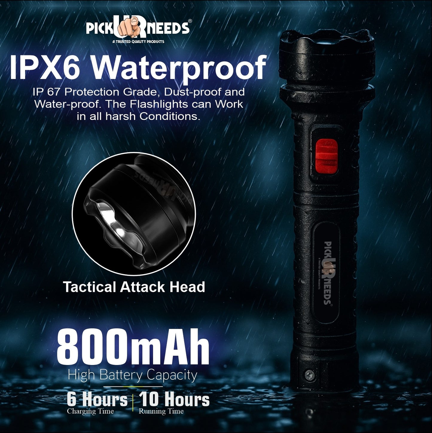 Pick Ur Needs 18W Rechargeable Home Emergency Long Range Torch Search Light 800 mAh Battery 10 hrs Torch Emergency Light (Black)