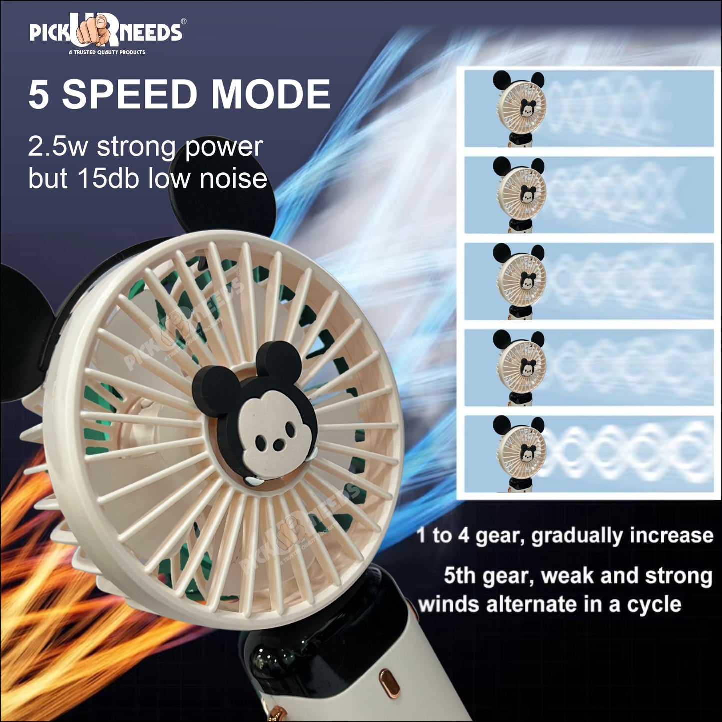 Pick Ur Needs Rechargeable Foldable Mini Handheld Fan Micky Mouse Design 5 Mode Speed LED Display Mini Portable Fan