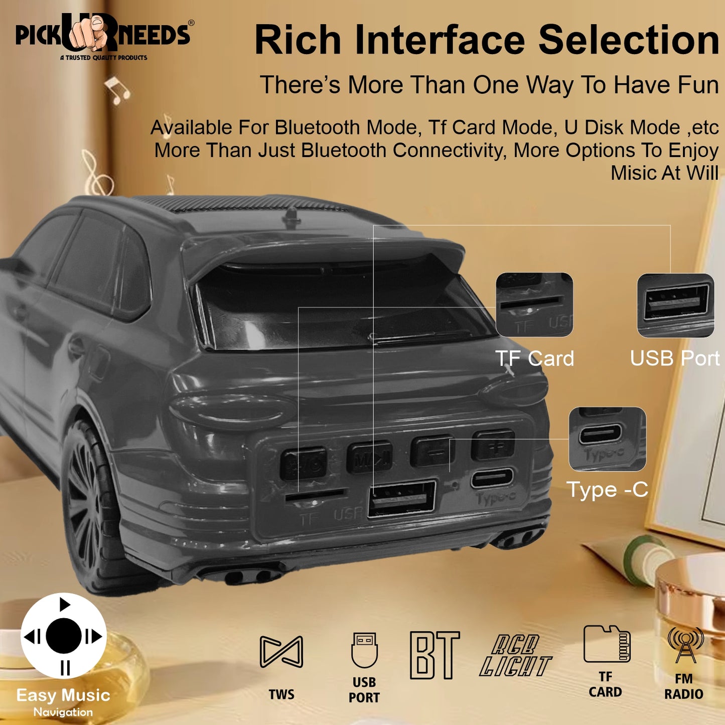 Pick Ur Needs Wireless Portable Mini Speaker- RGB Disco Light, 1200mAh, USB/TF/FM 5 W Bluetooth Speaker (Black, 5.0 Channel)