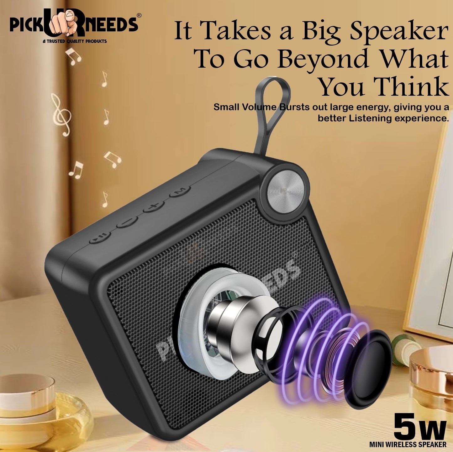 Pick Ur Needs Rechargeable Box Sound Wireless Speaker 5W – TWS, 4H Playback, TF/SD/USB/FM 5 W Bluetooth Speaker (Black, 5.0 Channel)