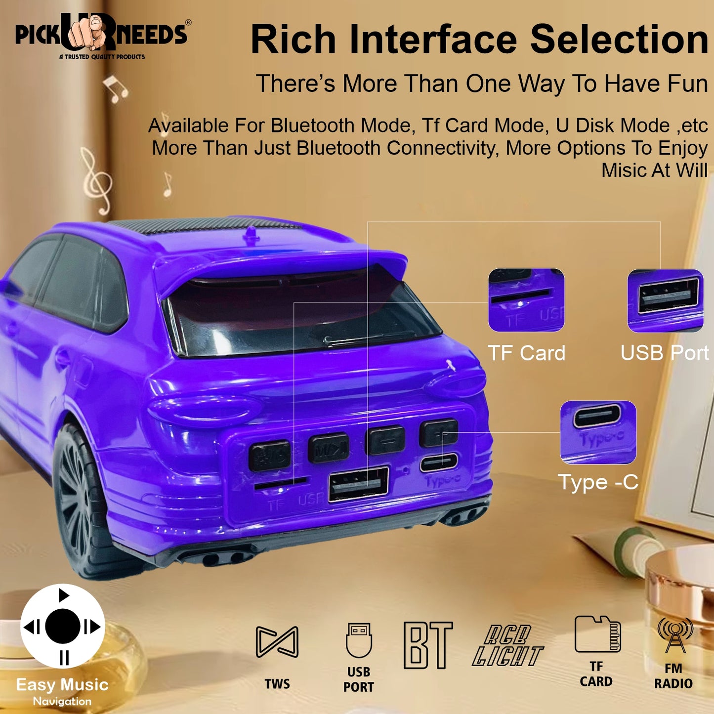 Pick Ur Needs Wireless Portable Mini Speaker- RGB Disco Light, 1200mAh, USB/TF/FM 5 W Bluetooth Speaker (Black, 5.0 Channel)