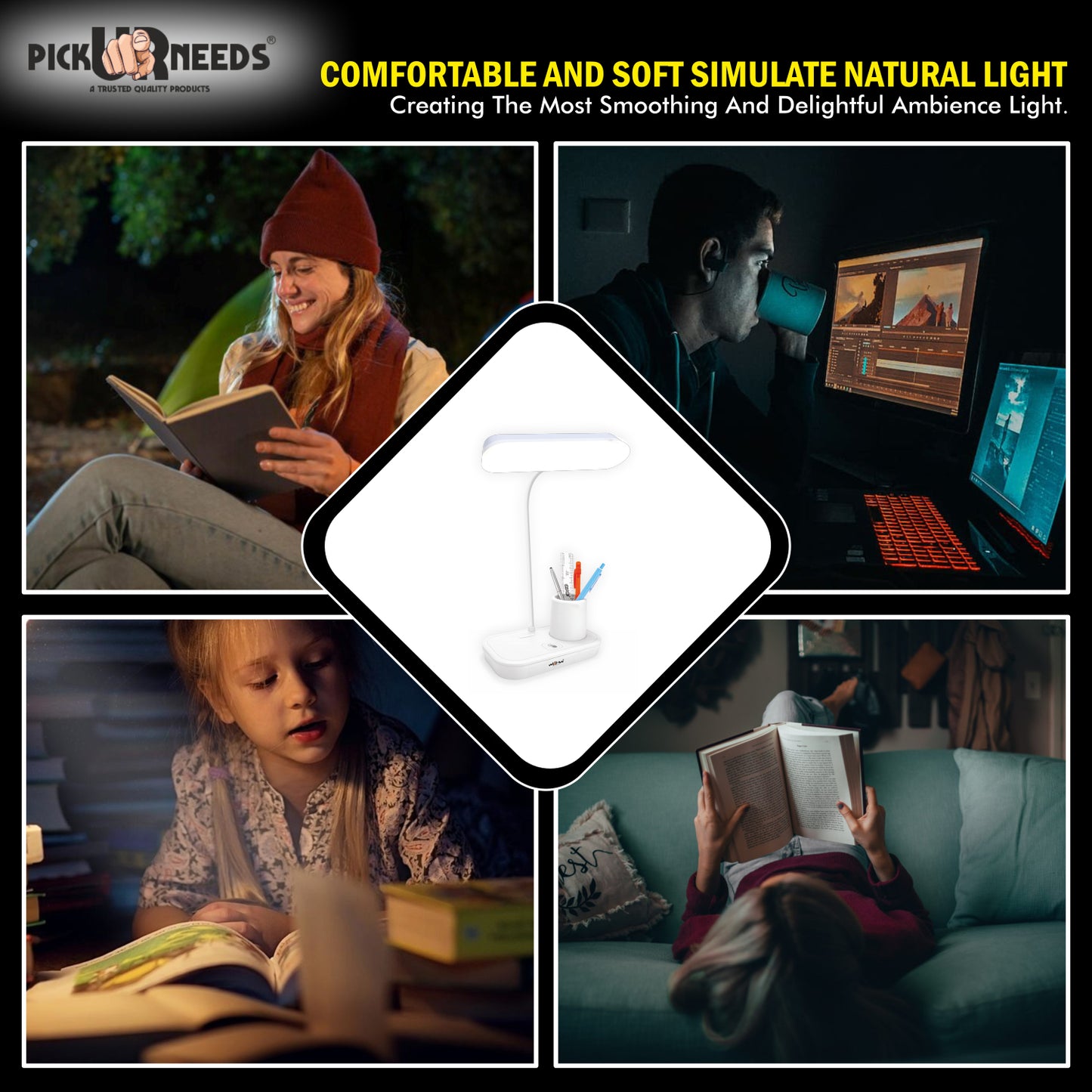 Pick Ur Needs LED Rechargeable Table Study Desk Lamp Reading Light with 3 Mode Dimming with Pen Holder, Phone Stand & USB Power