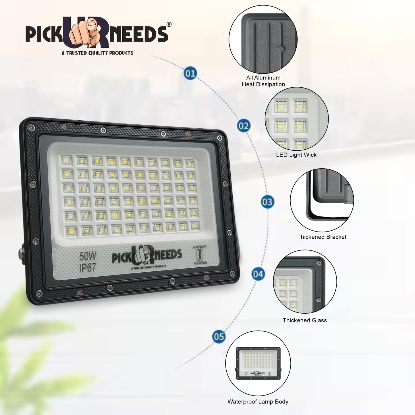 Pick Ur Needs 50W Lens Flood Light With Extension Bracket 60 Bright SMD Light IP67 Waterproof 0 hrs Flood Lamp Emergency Light (White) Pack of 3