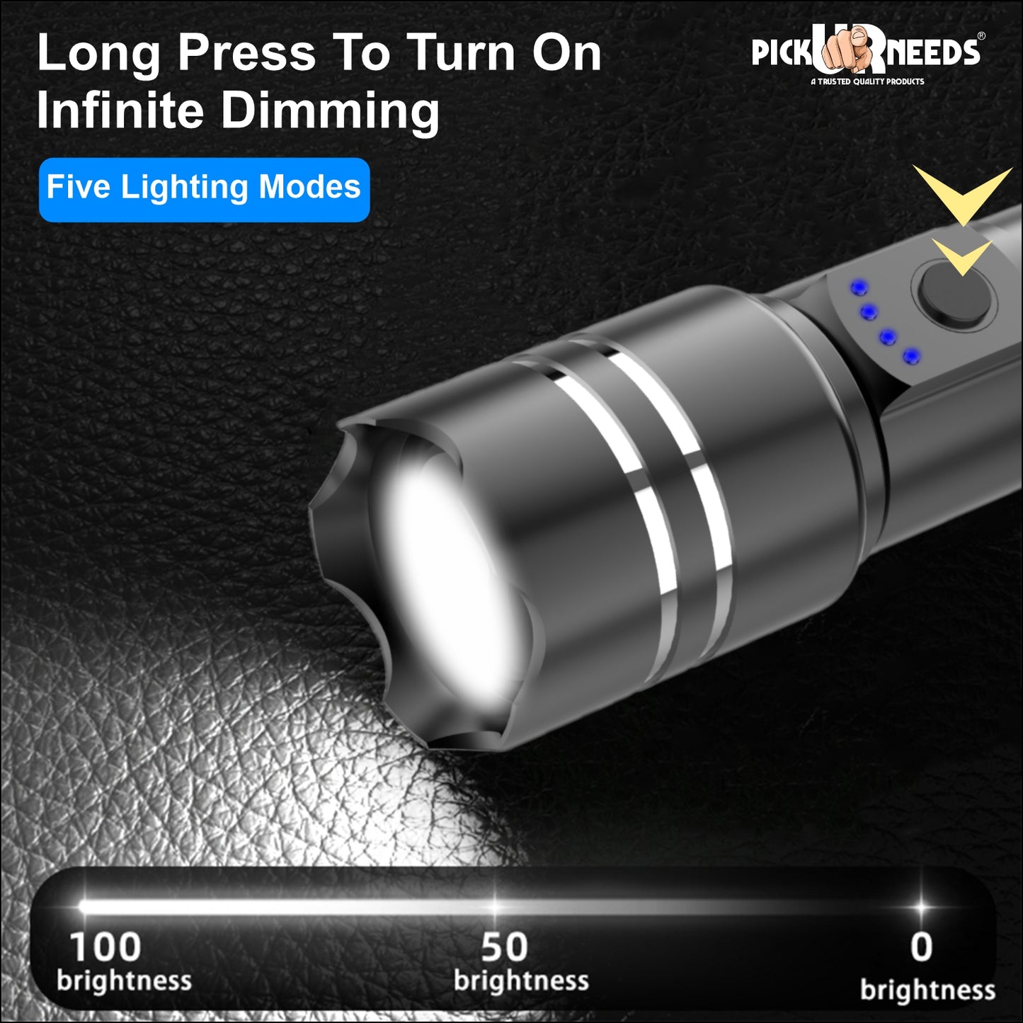 Pick Ur Needs 150W Rechargeable LED Torch offers powerful brightness, zoomable focus, 6 lighting modes, and a durable metal body. With a long-lasting 1800mAh battery, it's perfect for camping, emergencies, and everyday use.