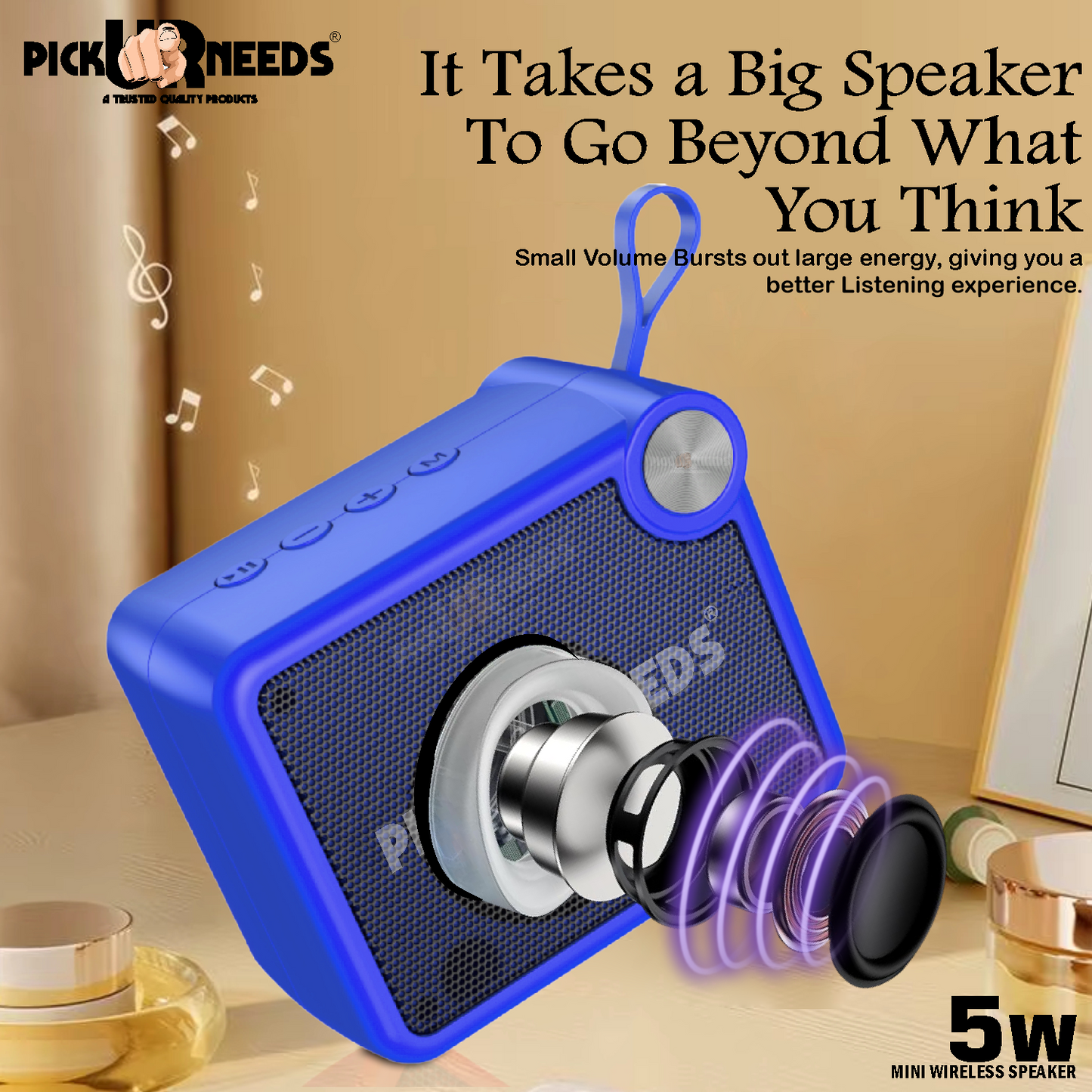 Pick Ur Needs Rechargeable Box Sound Wireless Speaker 5W – TWS, 4H Playback, TF/SD/USB/FM 5 W Bluetooth Speaker (Black, 5.0 Channel)