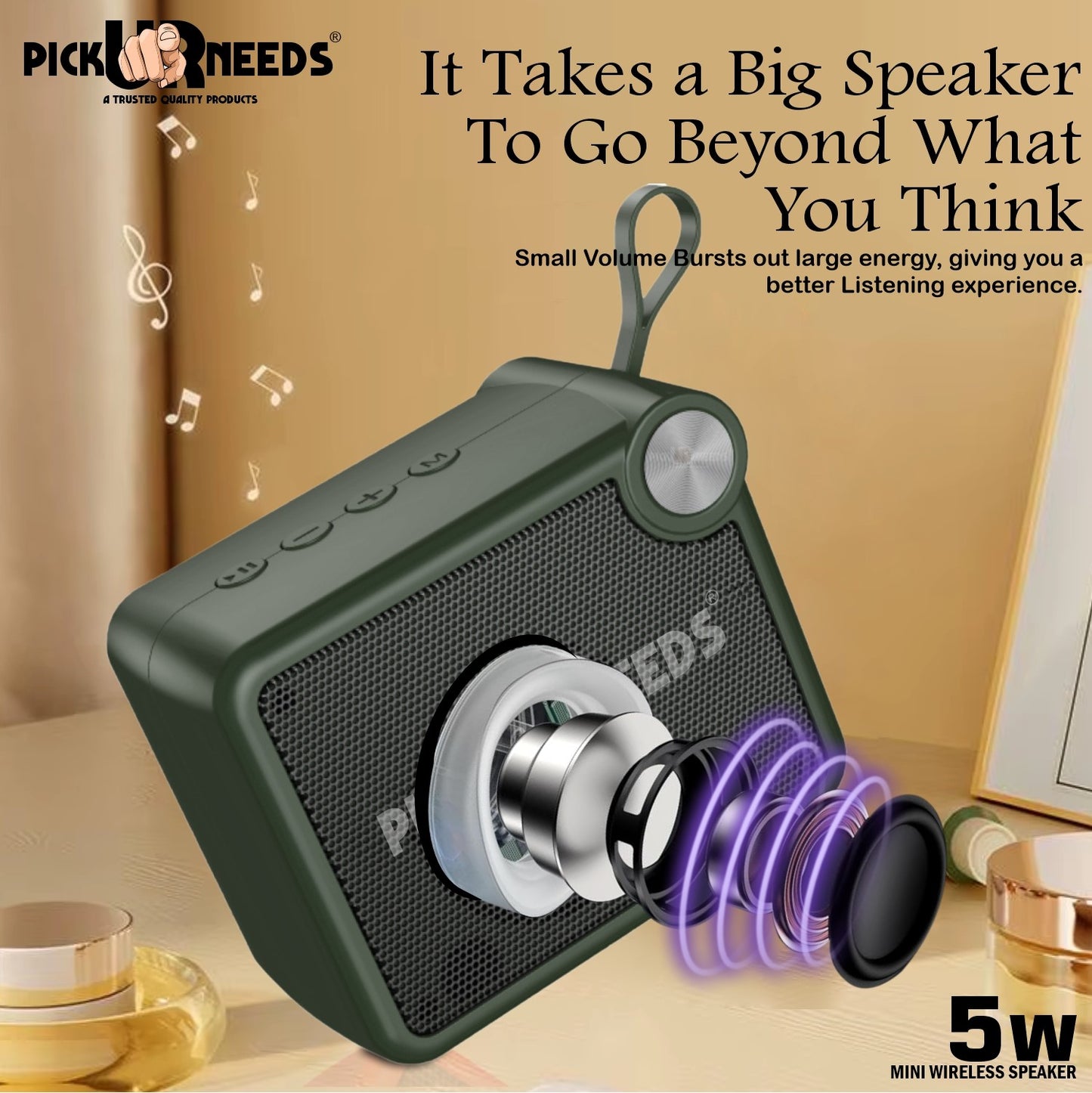 Pick Ur Needs Rechargeable Box Sound Wireless Speaker 5W – TWS, 4H Playback, TF/SD/USB/FM 5 W Bluetooth Speaker (Black, 5.0 Channel)