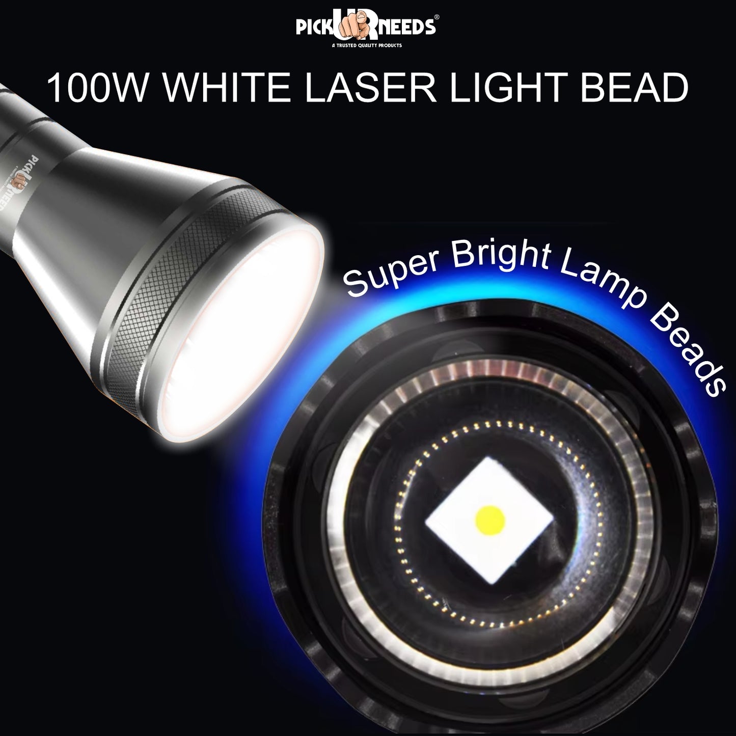 Pick Ur Needs High Bright 100W Chargeable Torch Aluminum Body Type C Charging 1200mAh Battery 5 hrs Torch Emergency Light (Silver)