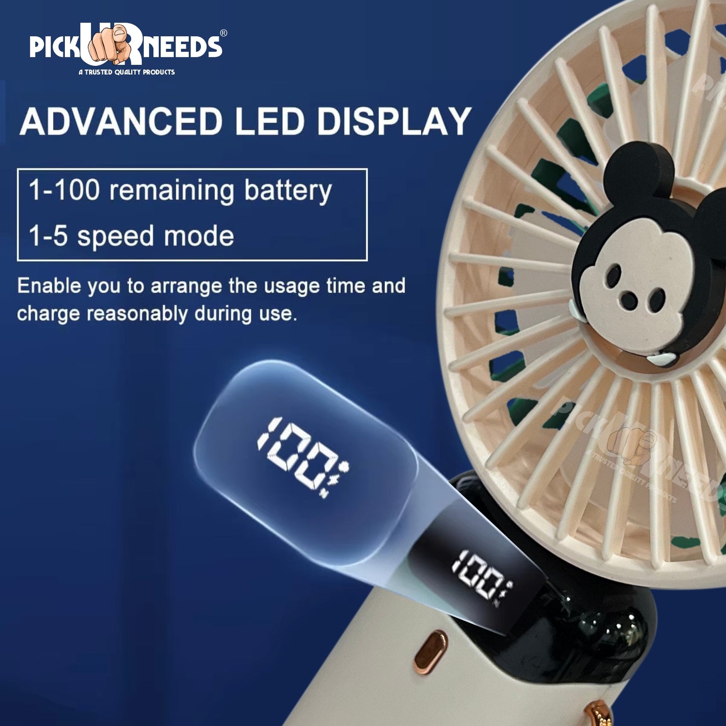 Pick Ur Needs Rechargeable Foldable Mini Handheld Fan Micky Mouse Design 5 Mode Speed LED Display Mini Portable Fan