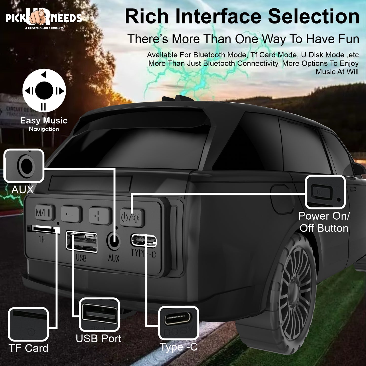 Pick Ur Needs Car Shape Wireless Bluetooth Portable Rechargeable Speaker LED Headlights TF Card, USB, AUX, Type-C