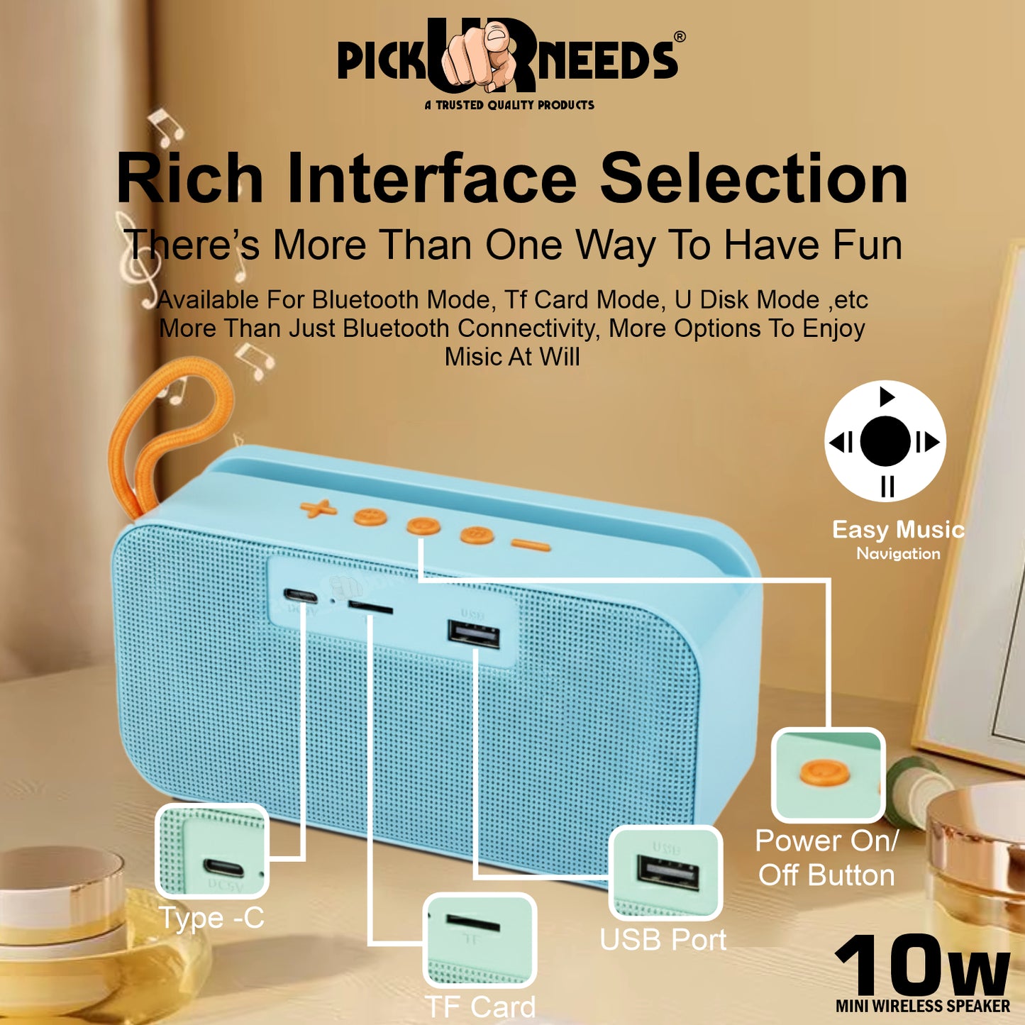 Pick Ur Needs 10W Portable Wireless Mini Bluetooth Speaker 1200mAh Battery 4H Playtime Type-C, USB & TF Card Support