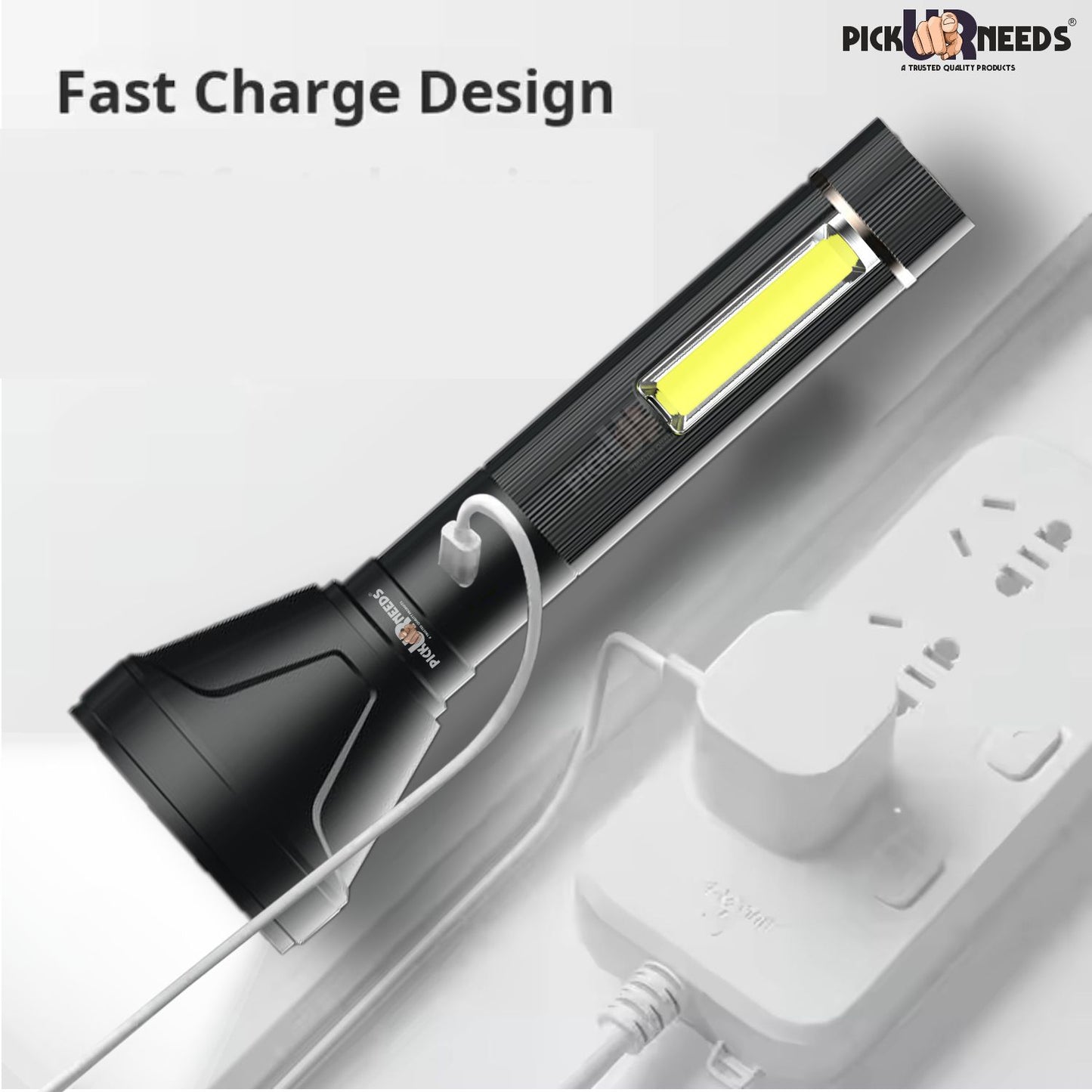 Pick Ur Needs Zoomable Focus High Power Super Bright Flashlight Two Mode 75W Laser + Side COB 5 hrs Torch Emergency Light (Black)