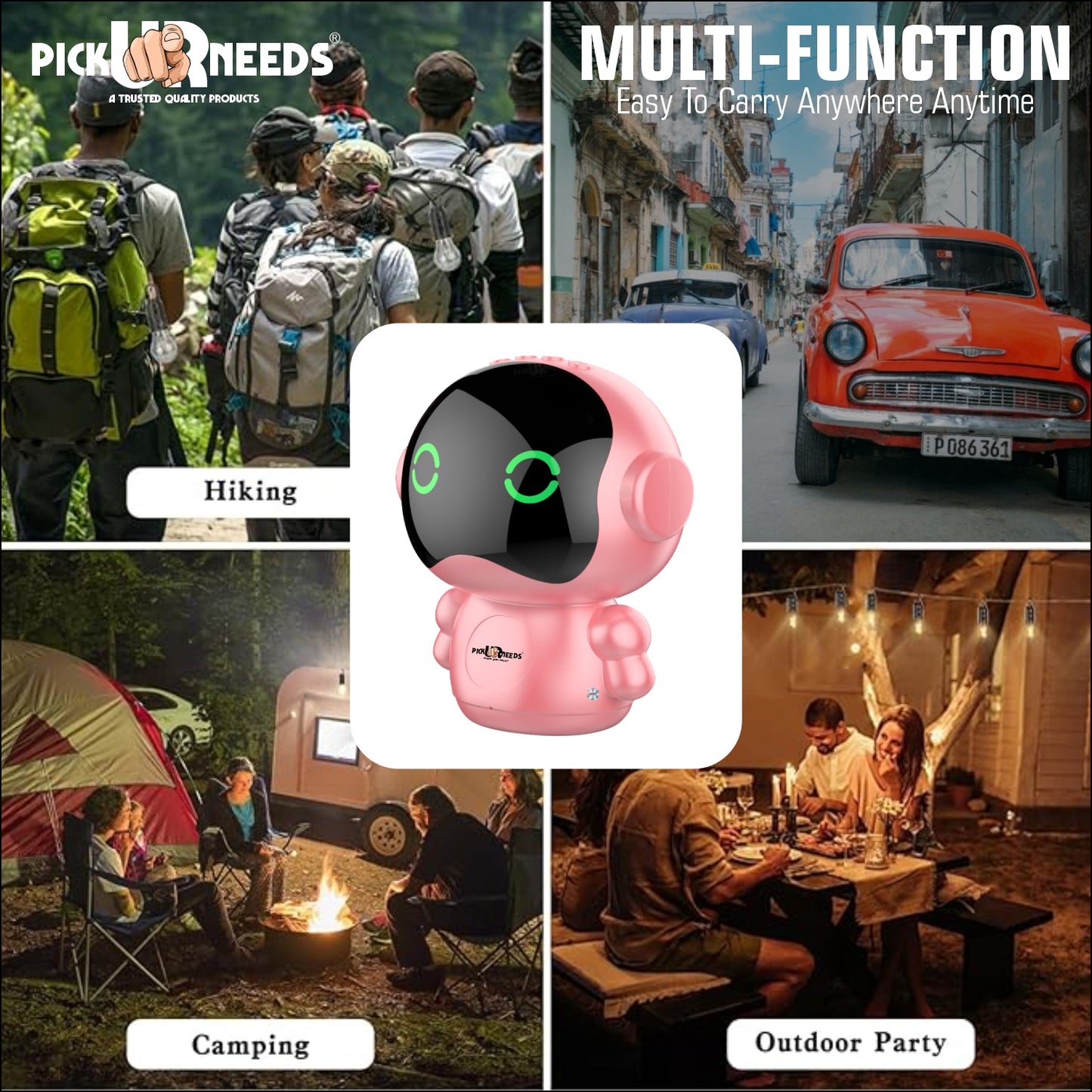 Pick Ur Needs Rechargeable Wireless Mini DJ Bluetooth Speaker HiFi Bass, LED Lights, 800mAh Battery, USB/TF Card/TWS Playback
