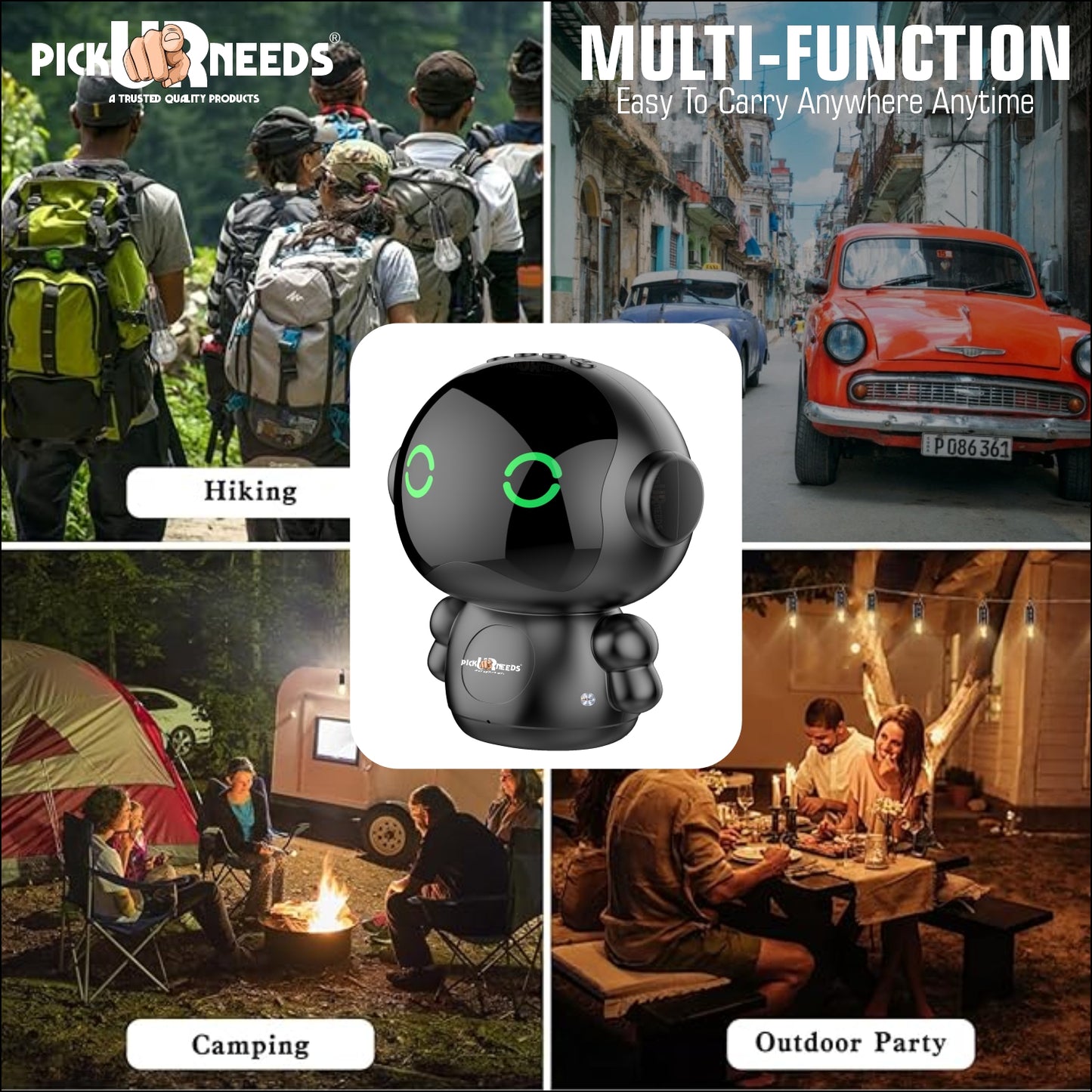 Pick Ur Needs Rechargeable Wireless Mini DJ Bluetooth Speaker HiFi Bass, LED Lights, 800mAh Battery, USB/TF Card/TWS Playback