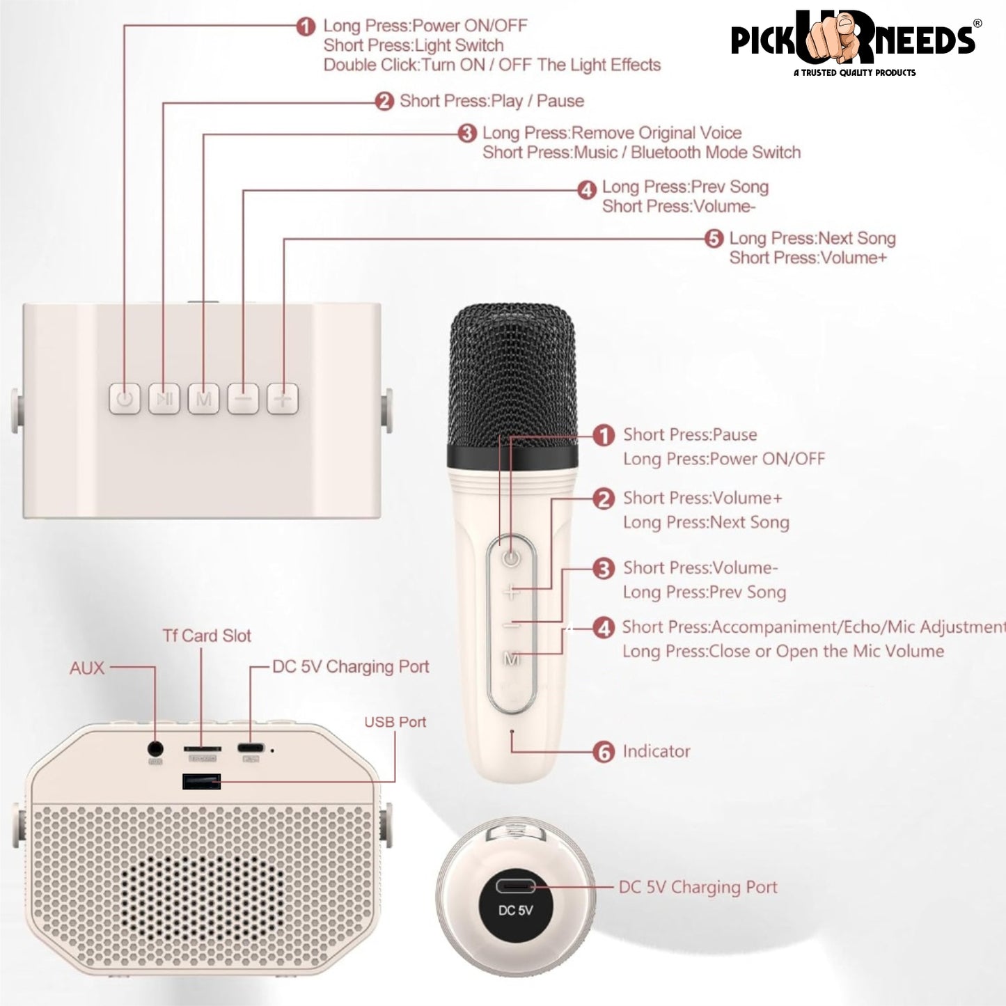 Pick Ur Needs 15W Portable Bluetooth Karaoke Speaker with Mic, 2000mAh Battery, Type-C Charging, RGB Lights, TF Card, Stereo Sound – Wireless Karaoke System (Black)
