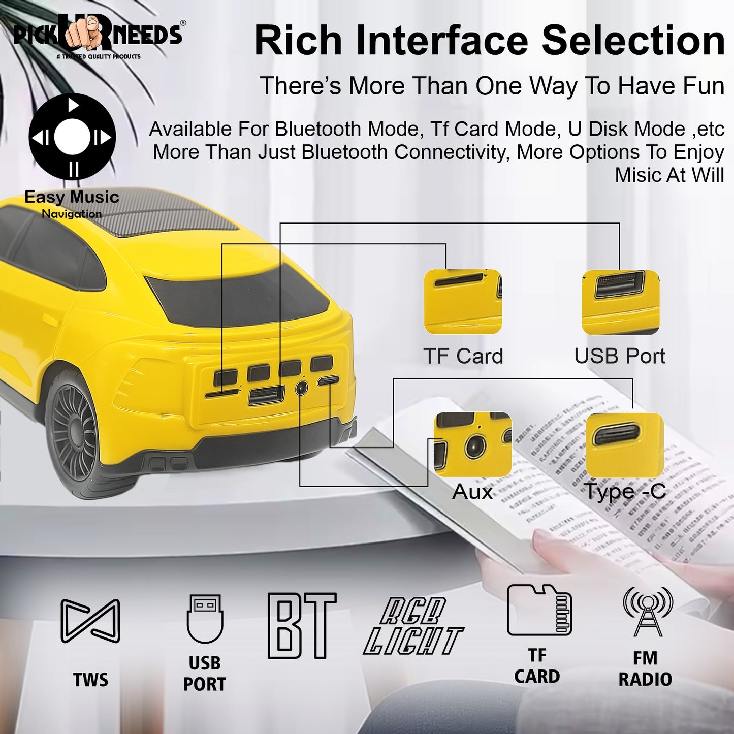 Pick Ur Needs Car-Shaped Speaker – RGB LED Light, USB/FM/SD Card, Type-C,Portable Stereo Sound 5 W Bluetooth Speaker (Black, 5.0 Channel)