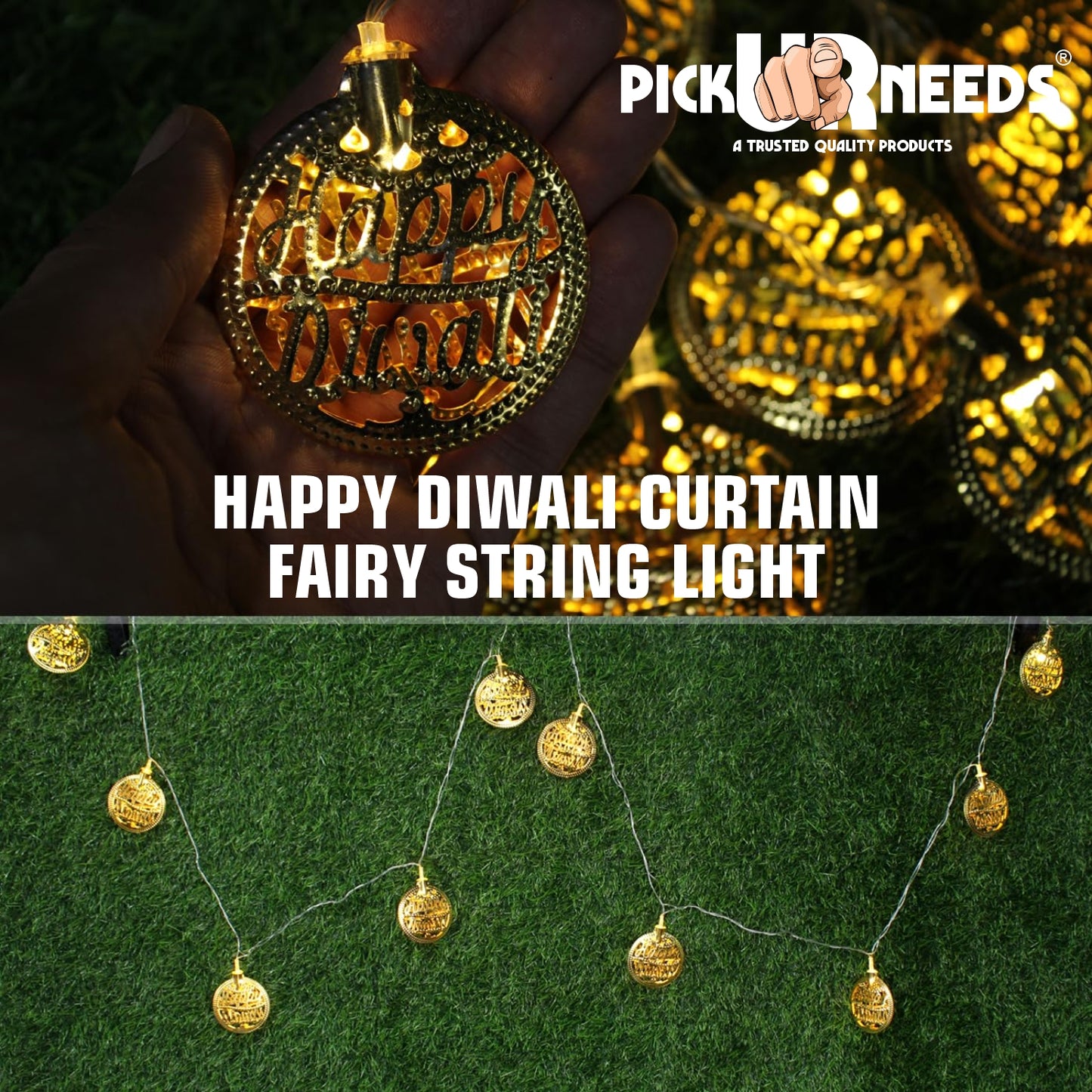 Pick Ur Needs Diwali String Lights Happy Diwali Metal Hanging Lights, Warm White Round 3D Ceiling Lamp