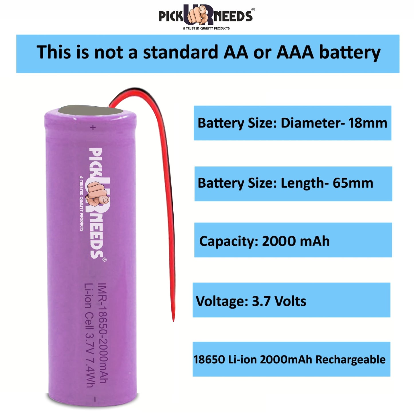 Pick Ur Needs 2000mAh 3.7V 18650 Lithium Li-ion Battery with Wired, Electronic Devices 65x18mm 6 hrs Torch Emergency Light (Purple) Pack of 2