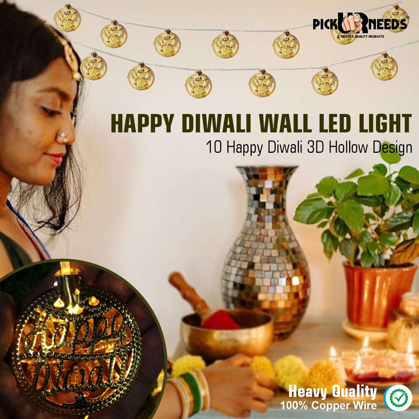 Pick Ur Needs Diwali String Lights Happy Diwali Metal Hanging Lights, Warm White Round 3D Ceiling Lamp