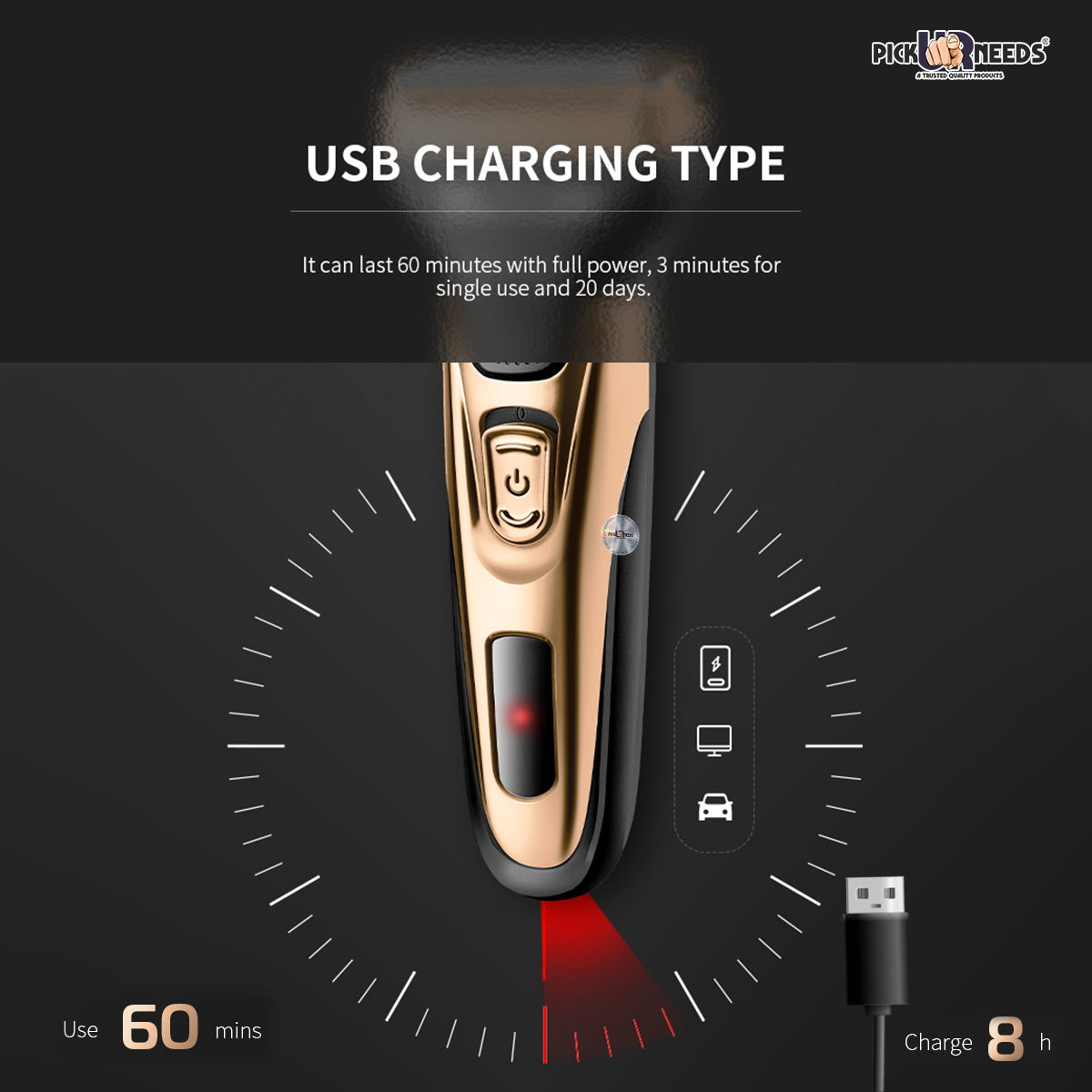 Pick Ur Needs Rechargeable Wireless Electric Shaver Beard Nose Hair Trimmer Shaver For Men (Gold)