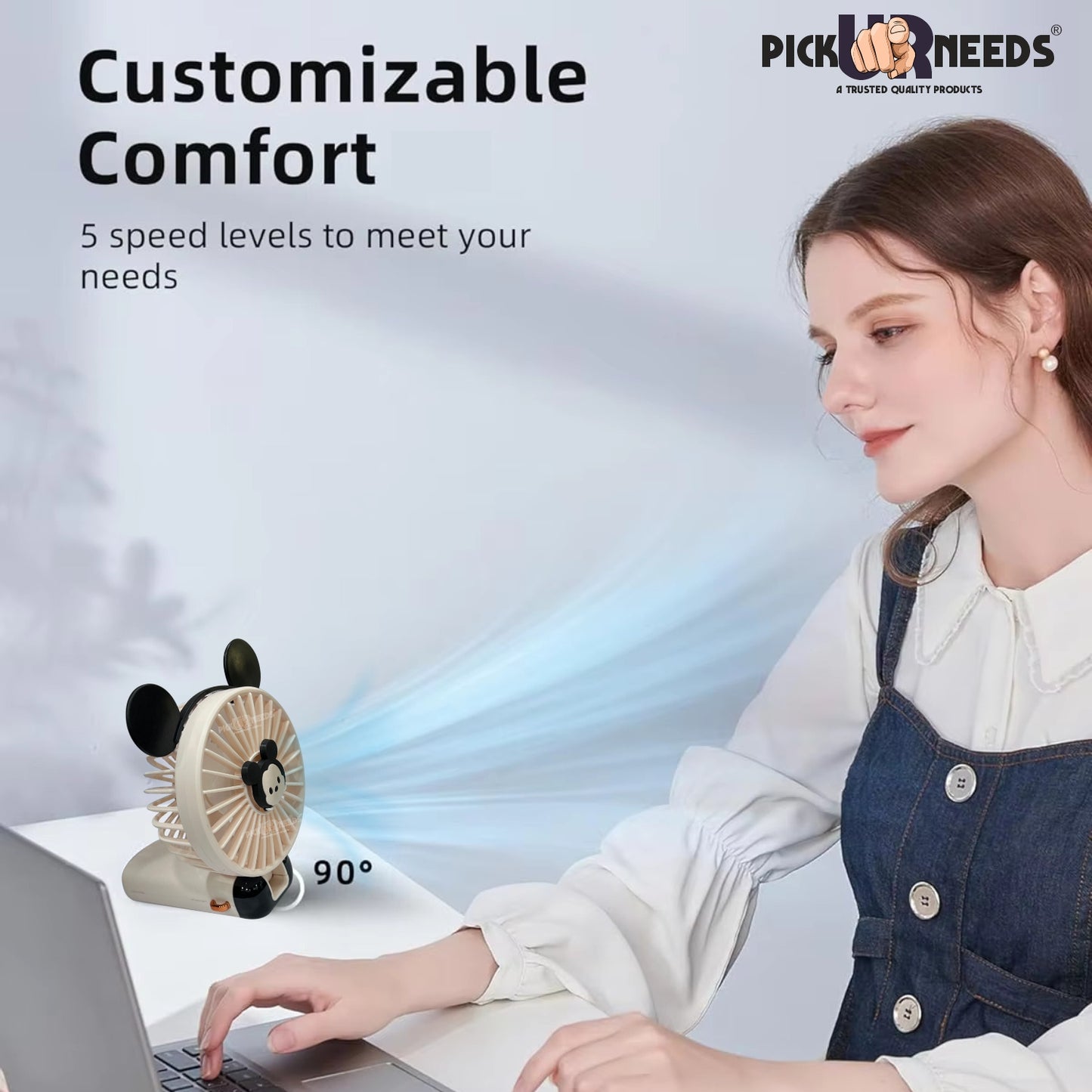 Pick Ur Needs Rechargeable Foldable Mini Handheld Fan Micky Mouse Design 5 Mode Speed LED Display Mini Portable Fan