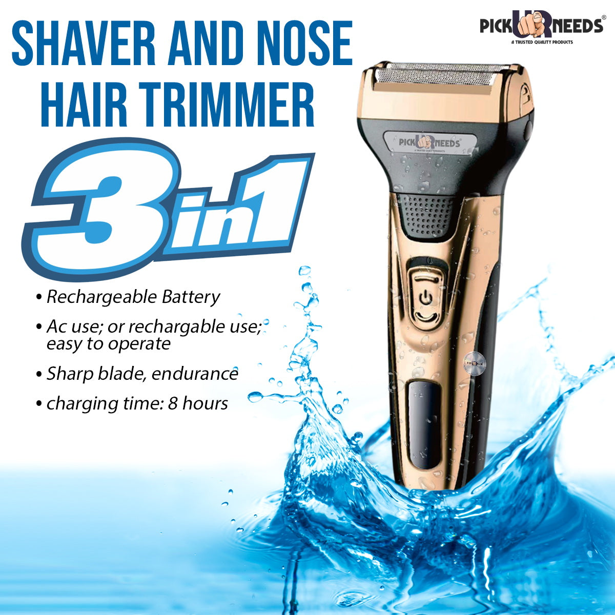 Pick Ur Needs Rechargeable Wireless Electric Shaver Beard Nose Hair Trimmer Shaver For Men (Gold)