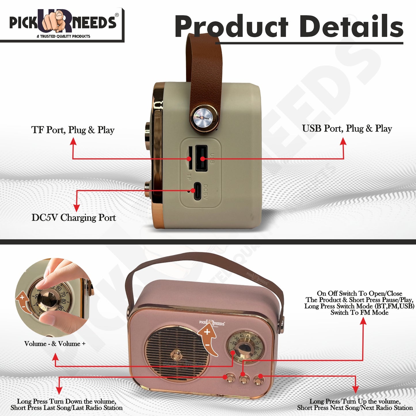 Pick Ur Needs Portable Wireless Bluetooth Speaker With Premium Design TF Card/ USB Support TWS 5 W Bluetooth Speaker (Cream, 5.0 Channel)