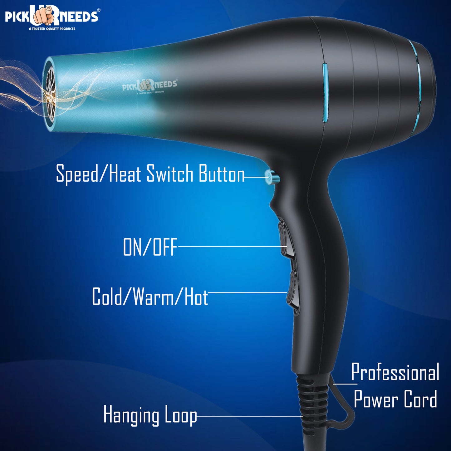 Pick Ur Needs 5000 Watt Professional Hair Dryer For Men / Women With 3 Tempreature + 2 Speed Hair Dryer (5000 W, Black)