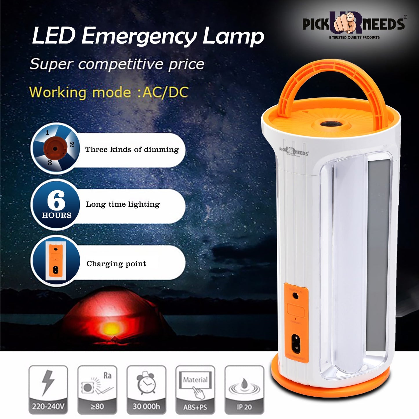 Pick Ur Needs Rechargeable 90W Home Emergency Light 3 Side Tube Floor Lantern Lamp with Hanging Handle