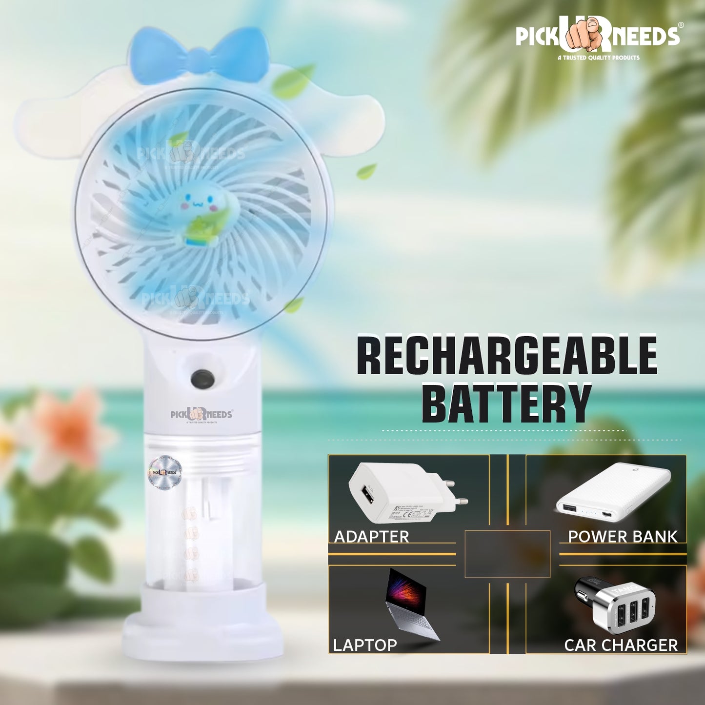 Pick Ur Needs Rechargeable Mini Handheld Fan With Water Spray Portable Fan USB Charging Port 3 mm 5 Blade Table Fan (White , Blue | Pack of 1)