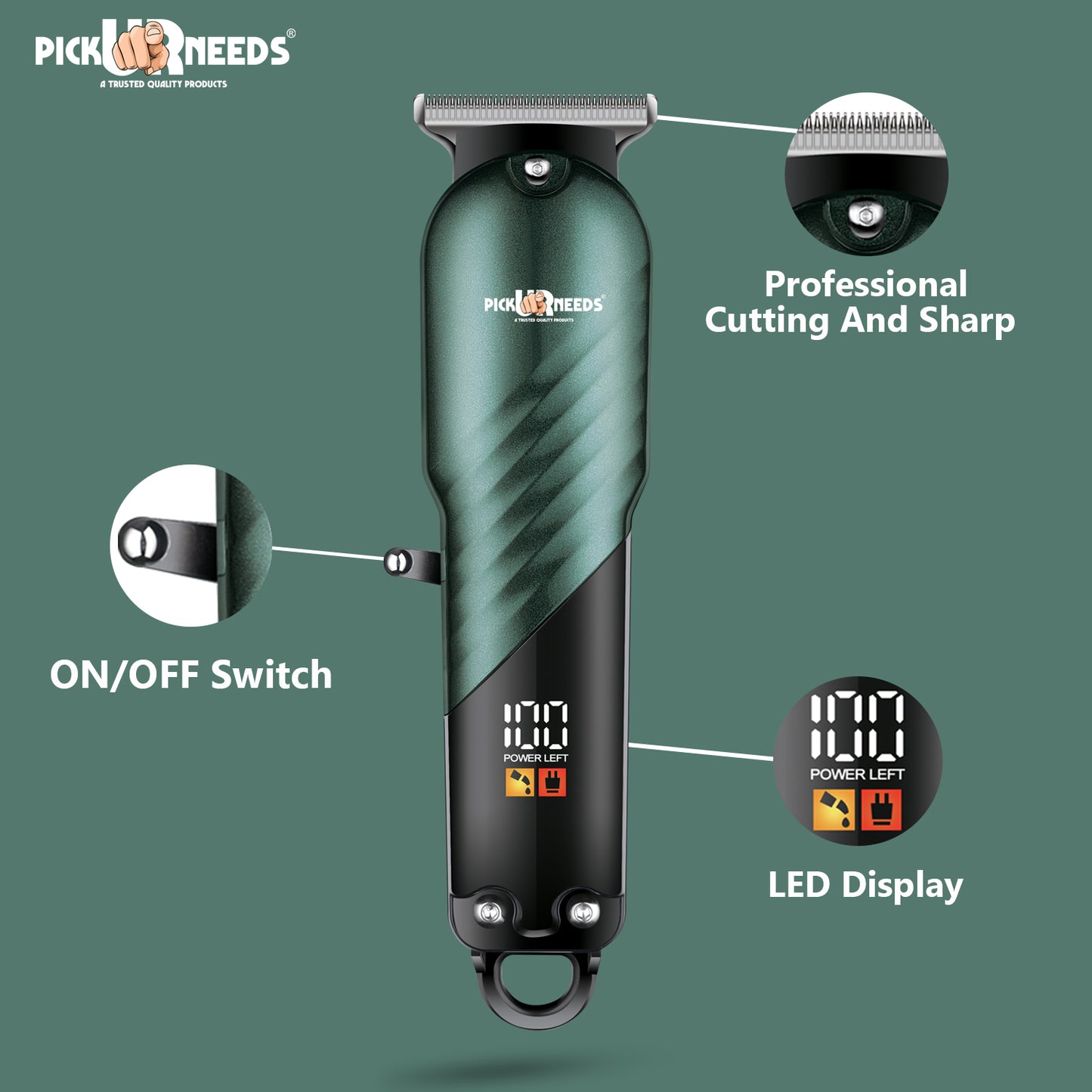 Pick Ur Needs High Performence Professional Hair Clipper / Shaver 4 In 1 Blades LED Display Trimmer 60 min Runtime 4 Length Settings (Green)