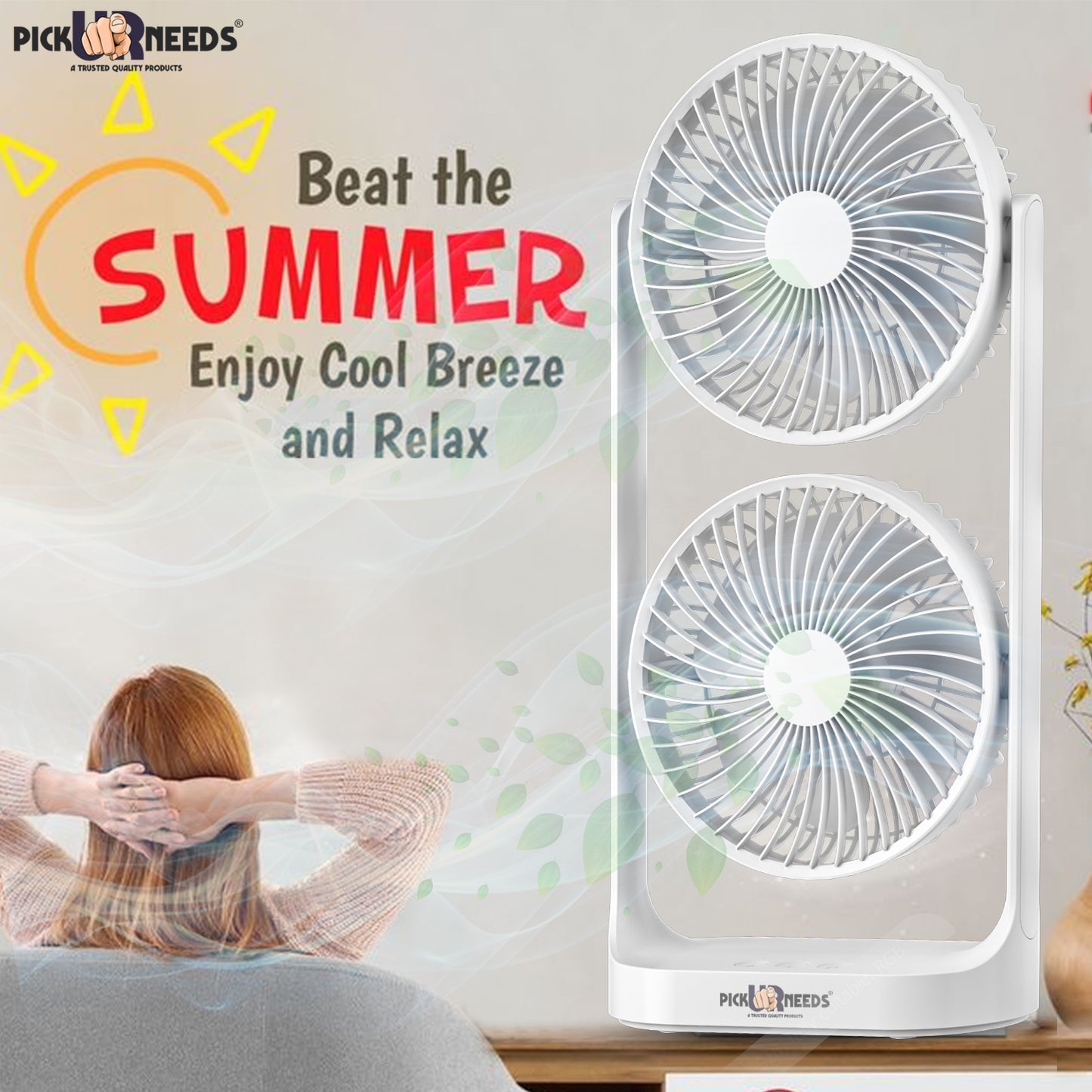 Pick Ur Needs Desk Table Fan Rechargeable Electric Dual Head with Powerful Airflow for Office 4000mAh Battery 3 Speed Mode