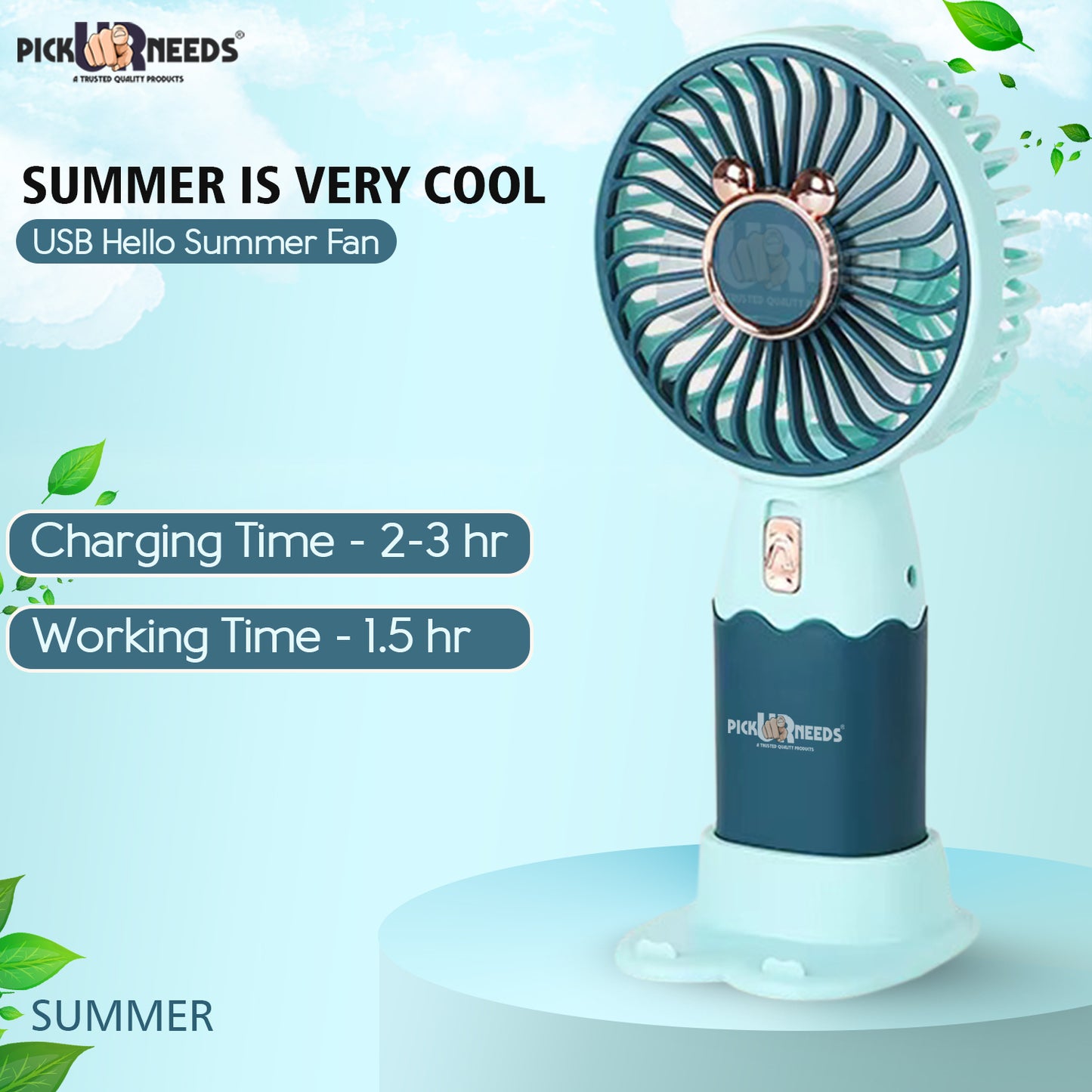 Pick Ur Needs Mini Portable Rechargeable Table Fan With Stand 1 Speed Mode USB Charging Port Hello Summer Mini Handy Fan