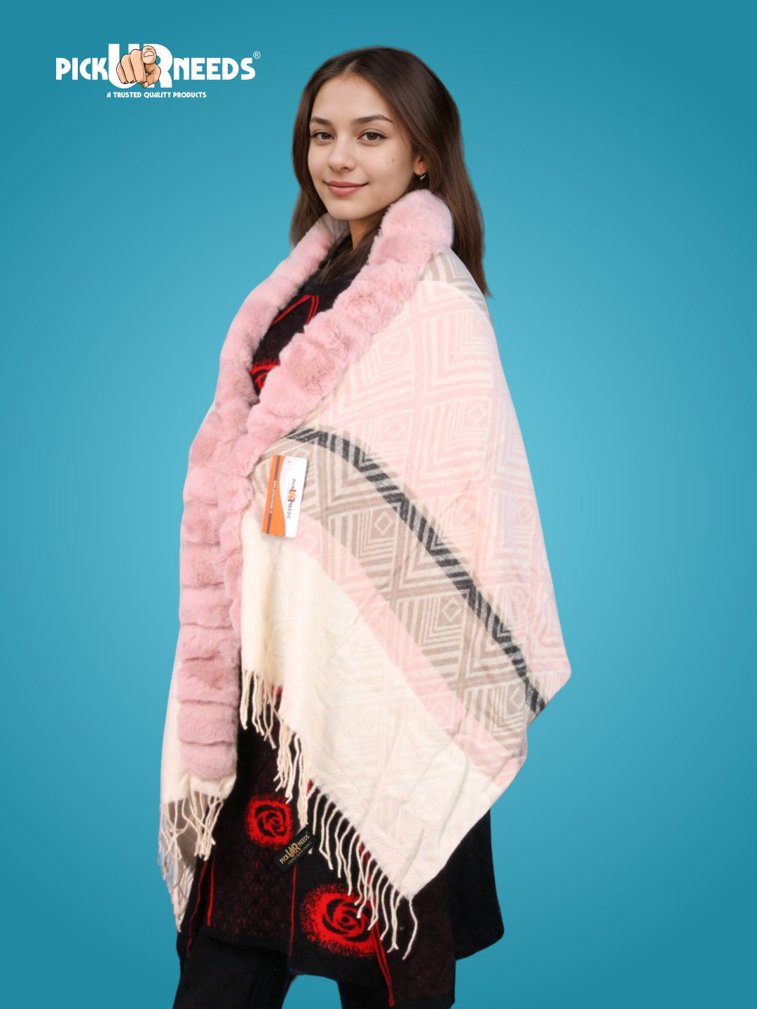 Pick Ur Needs Women's Winter Geometric Printed Faux Fur Border Shawl with Tassels Soft Warm Wrap Stole for Casual, Party & Travel