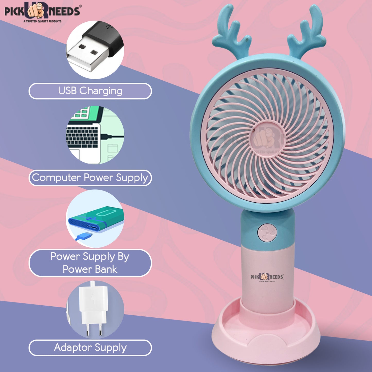 Pick Ur Needs Mini Fan Rechargeable Handheld Fan With Stand USB Charging Fan For Outdoor Usage/Camping/Travelling Mini Pocket Fan