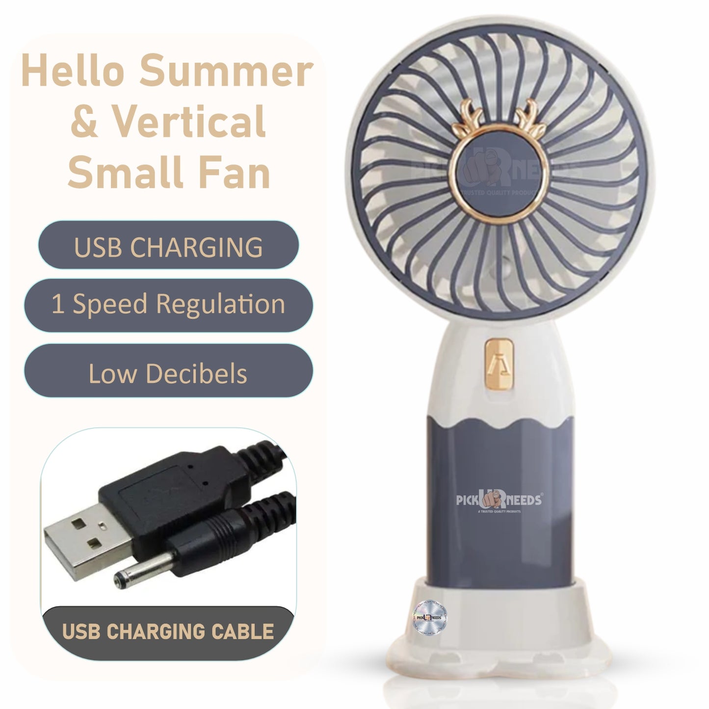 Pick Ur Needs Mini Portable Rechargeable Table Fan With Stand 1 Speed Mode USB Charging Port Hello Summer Mini Handy Fan