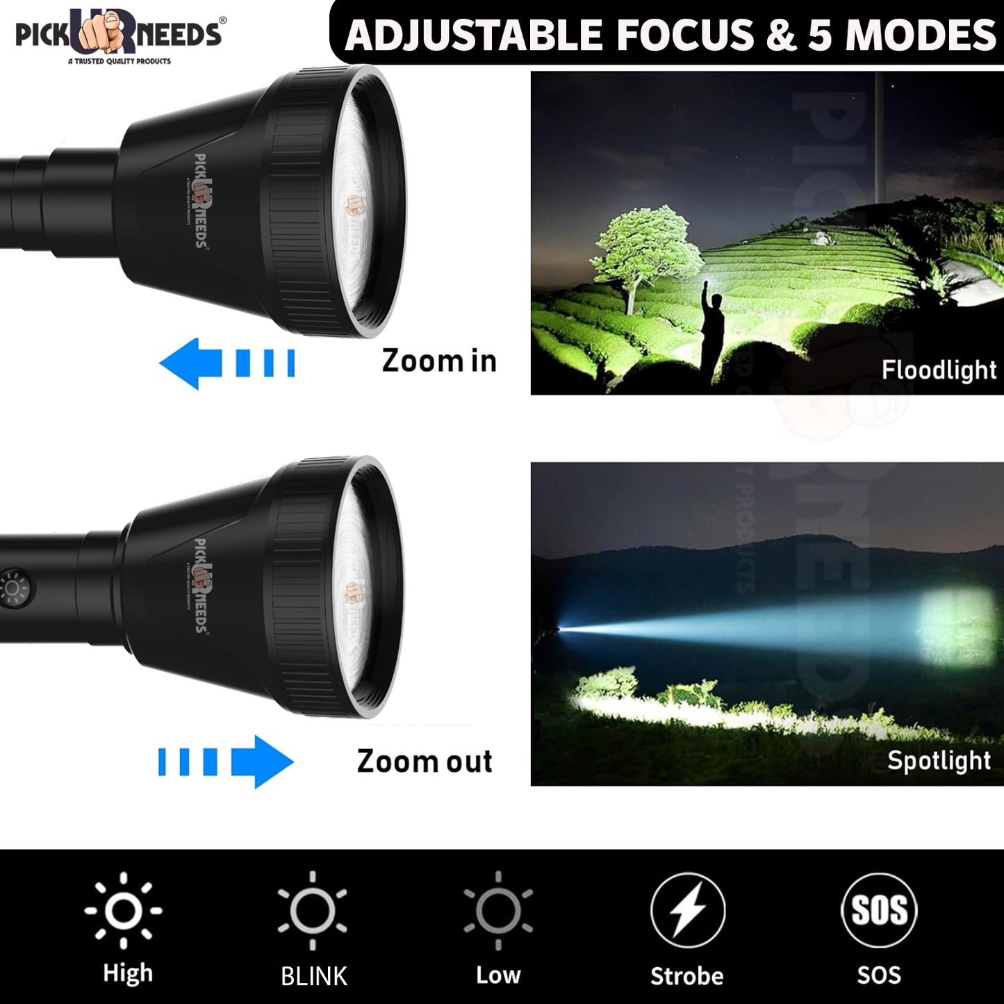 Pick Ur Needs Rechargeable 75W Search Torch+ COB With Strong Brightness 3 Mode LED Light 5 hrs Torch Emergency Light (Black)