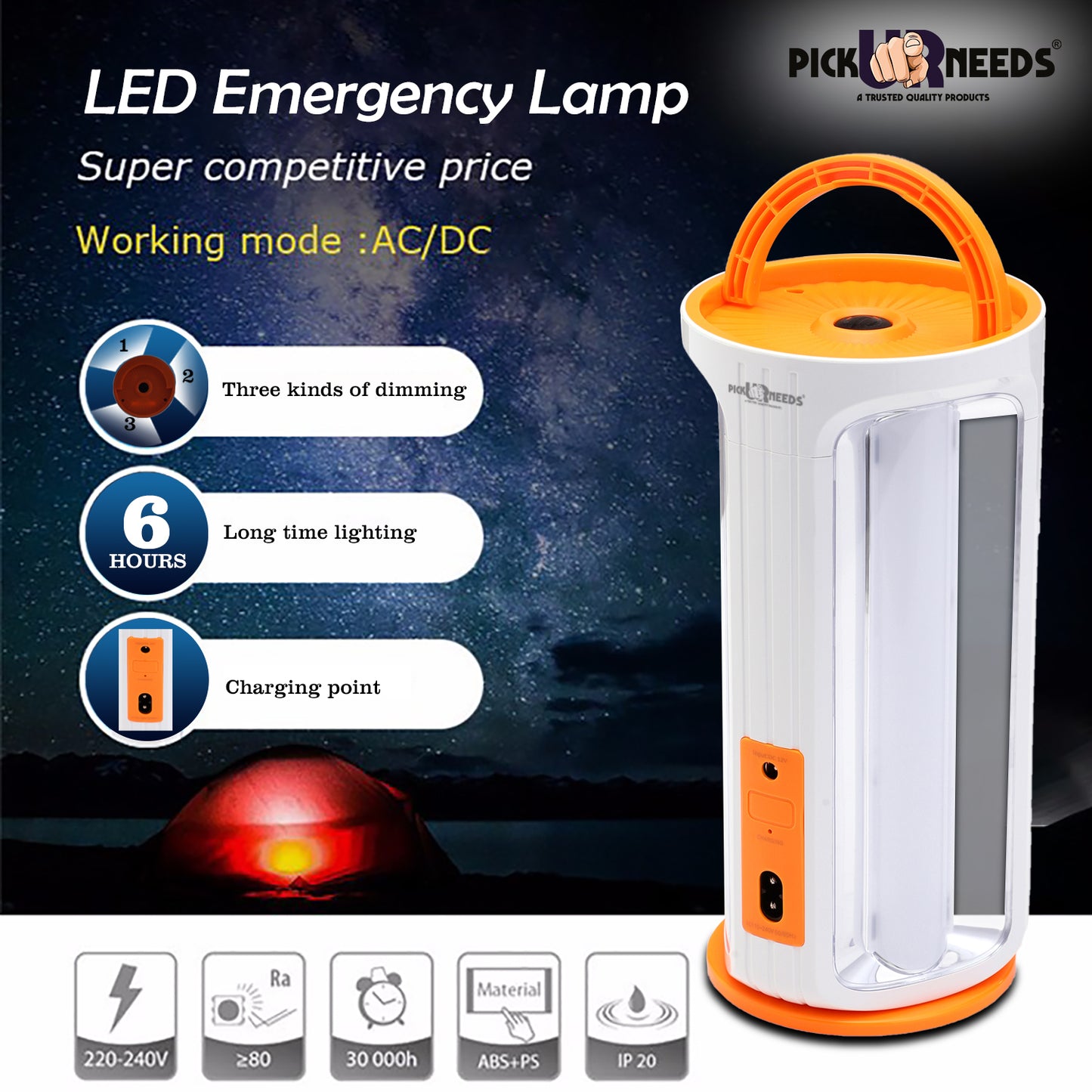 Pick Ur Needs Rechargeable 90W Home Emergency Light 3 Side Tube Floor Lantern Lamp with Hanging Handle