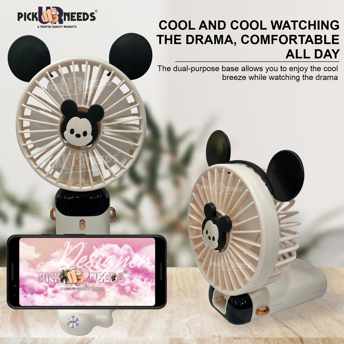 Pick Ur Needs Rechargeable Foldable Mini Handheld Fan Micky Mouse Design 5 Mode Speed LED Display Mini Portable Fan
