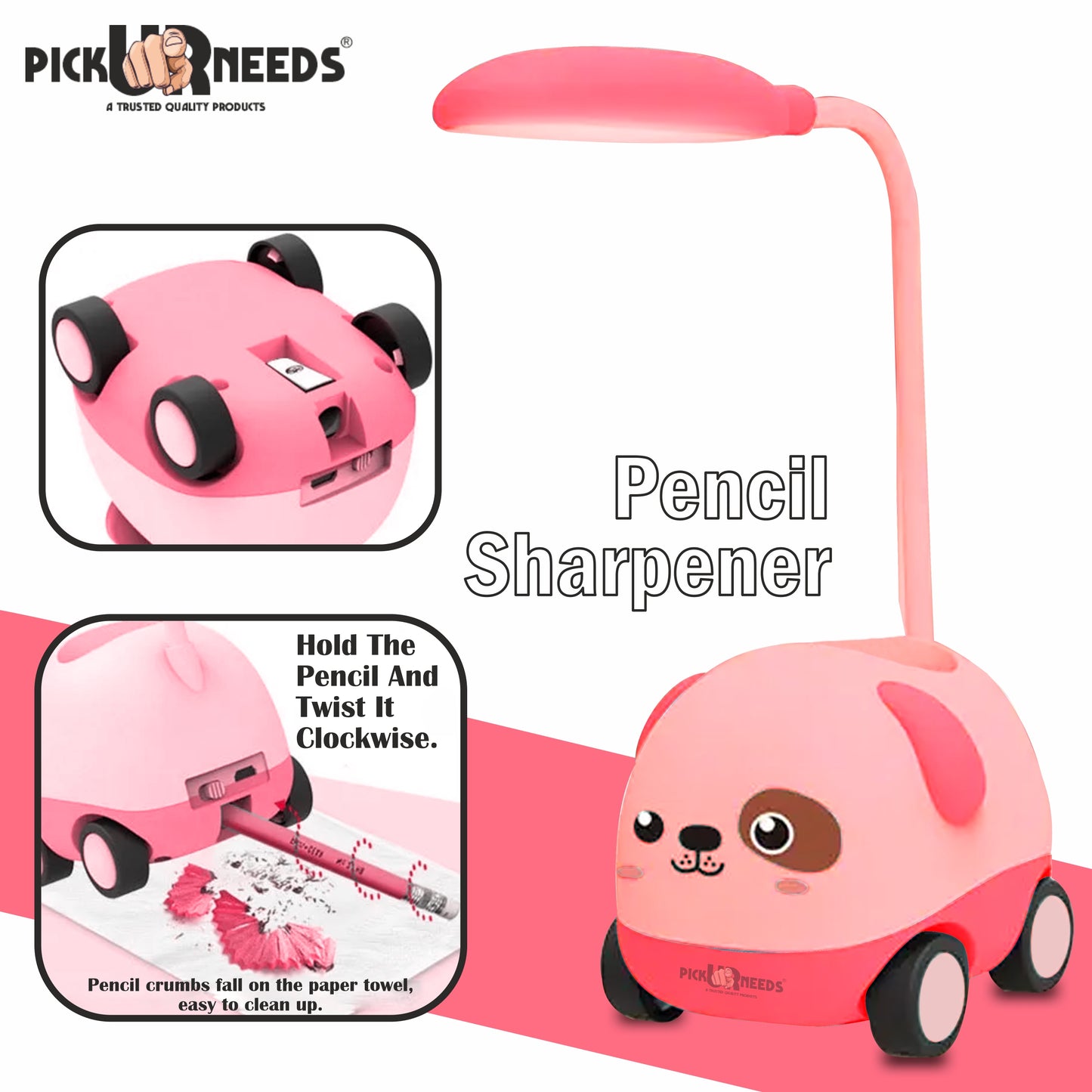 Pick Ur Needs Rechargeable LED Study Desk Light with Sharpener Car Design Wheels