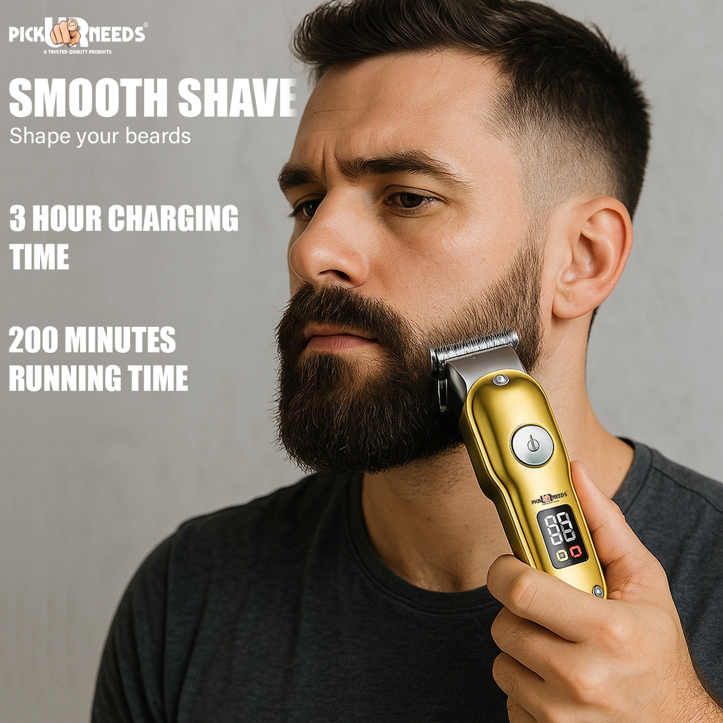 Pick Ur Needs Professional High Quality Hair Clipper Shaver 1200mAH Battery Trimmer 180 min Runtime 3 Length Settings (Gold)