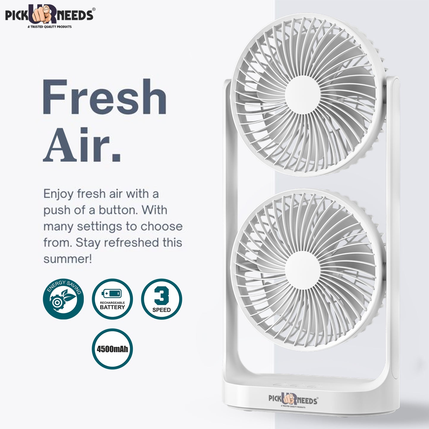 Pick Ur Needs Desk Table Fan Rechargeable Electric Dual Head with Powerful Airflow for Office 4000mAh Battery 3 Speed Mode