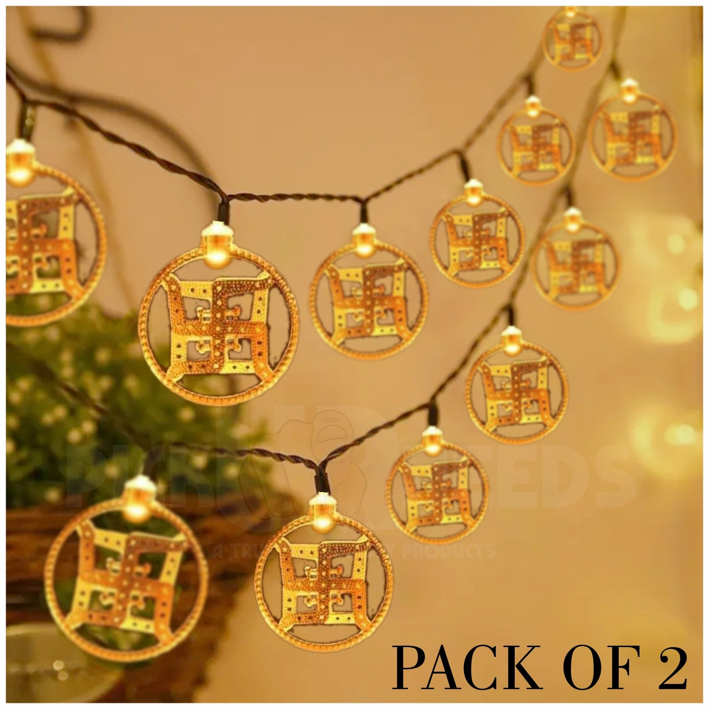 Pick Ur Needs Diwali String Lights Swastik Metal Hanging Lights, Warm White Round 3D Ceiling Lamp