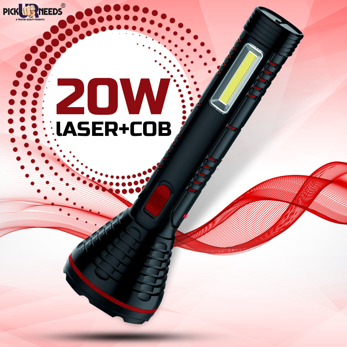 Pick Ur Needs Dual Power 2 in 1 Led 20 Watt Rechargeable Torch Light Long Range with Dual Battery Backup