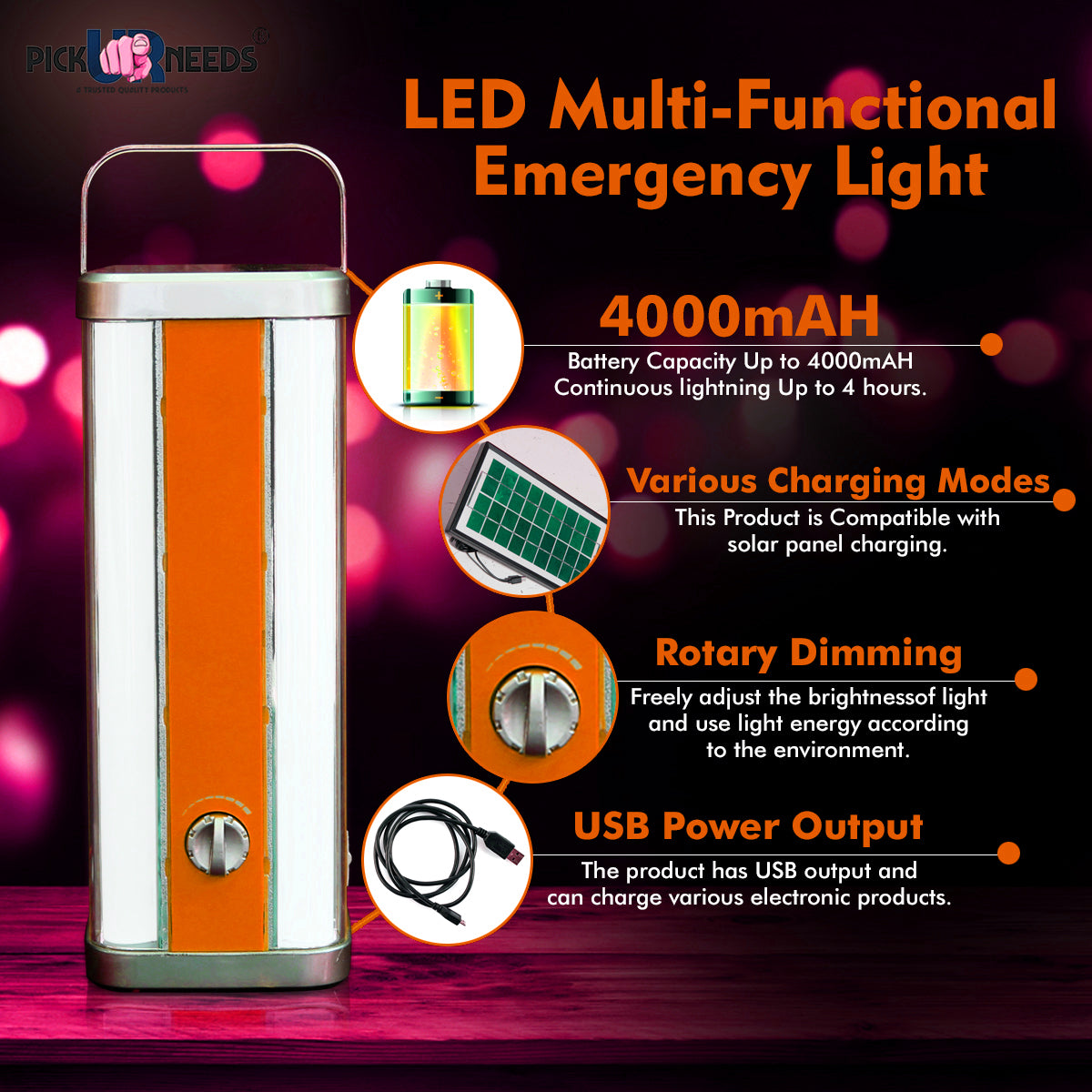 Pick Ur Needs High Range Rechargeable Home Emergency 4 Tube Lantern Light with with Solar Panel(3W+9V)