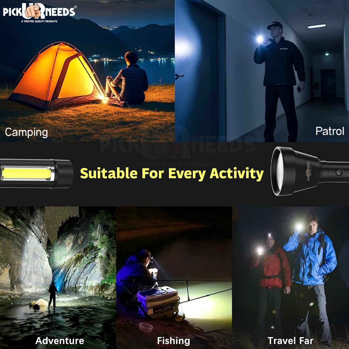 Pick Ur Needs Rechargeable 75W Search Torch+ COB With Strong Brightness 3 Mode LED Light 5 hrs Torch Emergency Light (Black)