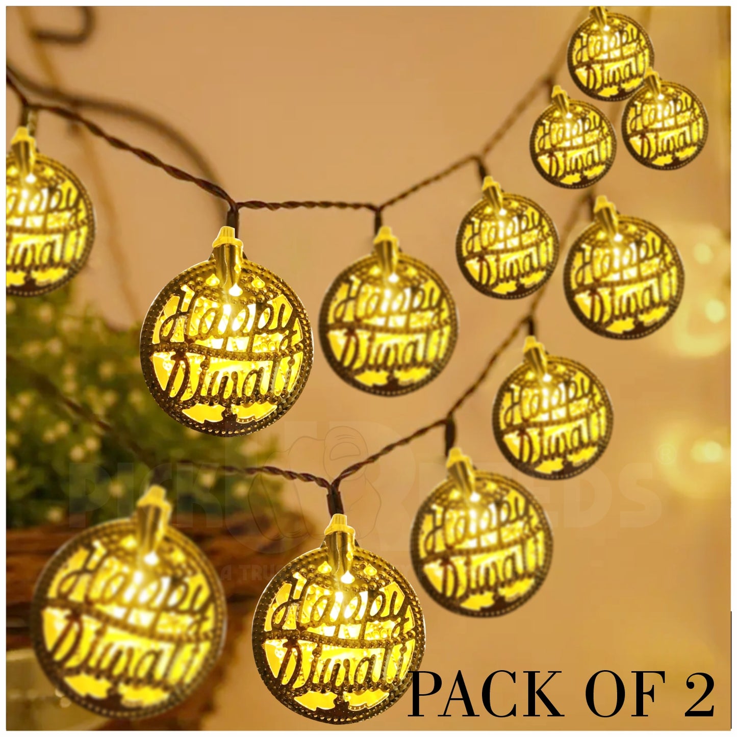 Pick Ur Needs Diwali String Lights Happy Diwali Metal Hanging Lights, Warm White Round 3D Ceiling Lamp