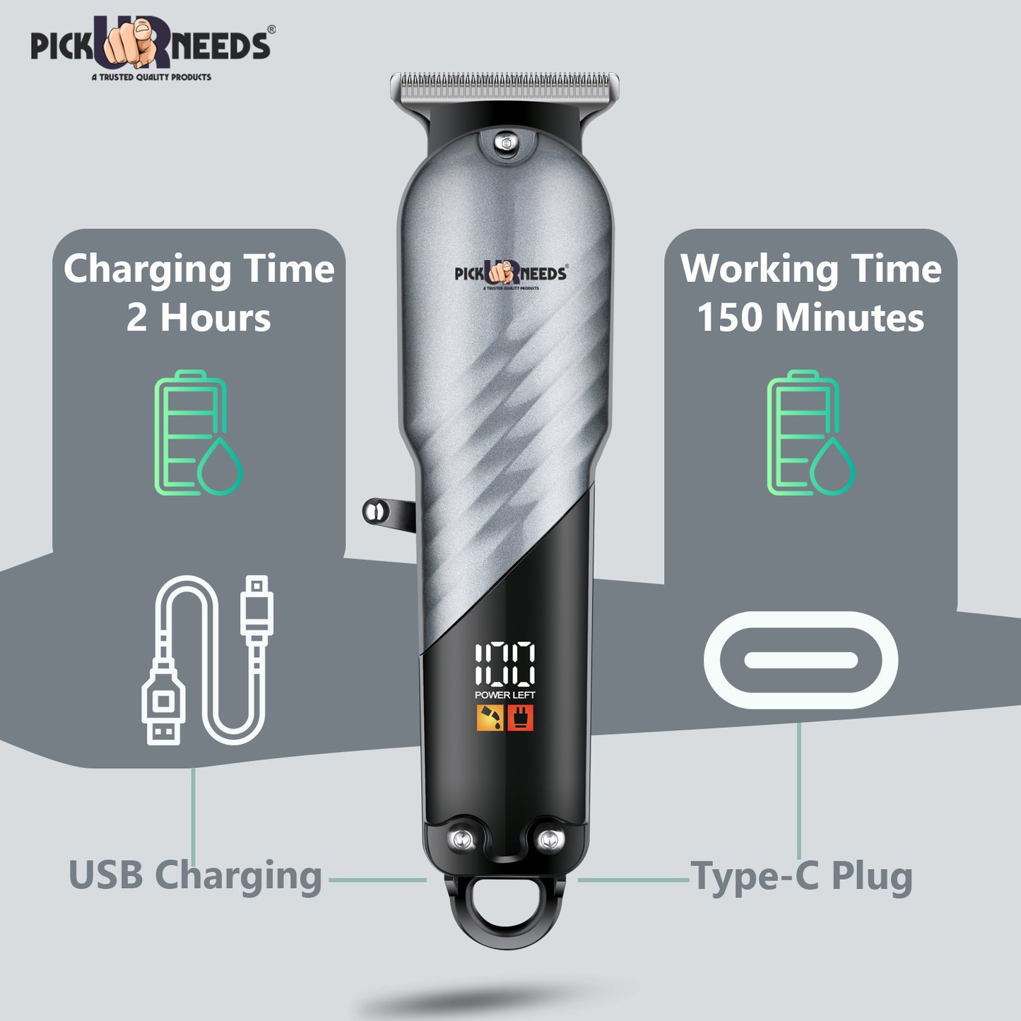 Pick Ur Needs High Performence Professional Hair Clipper / Shaver 4 In 1 Blades LED Display Trimmer 60 min Runtime 4 Length Settings (Green)